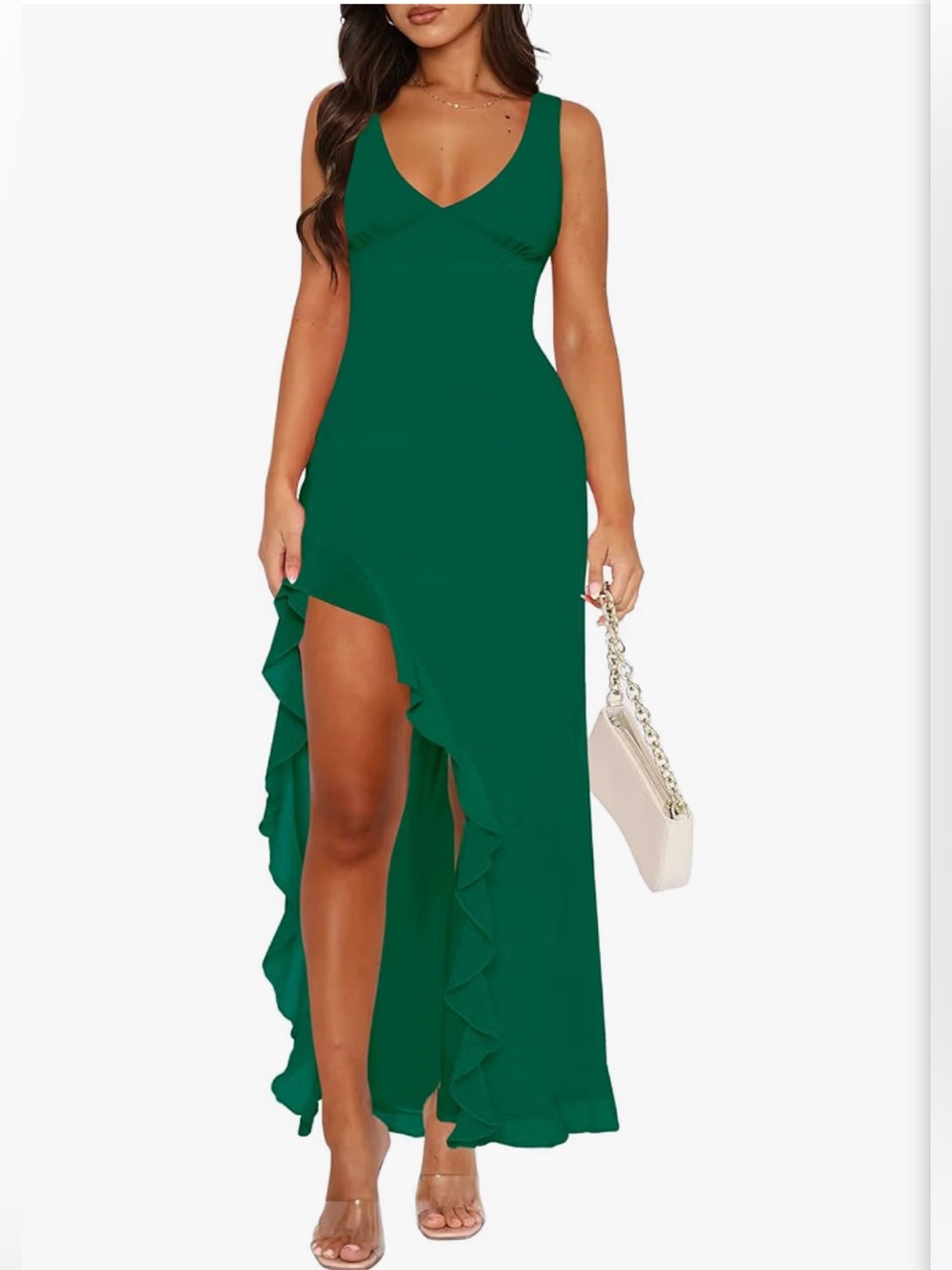 Sleeveless Green Ruffle High-Slit Midi Dress